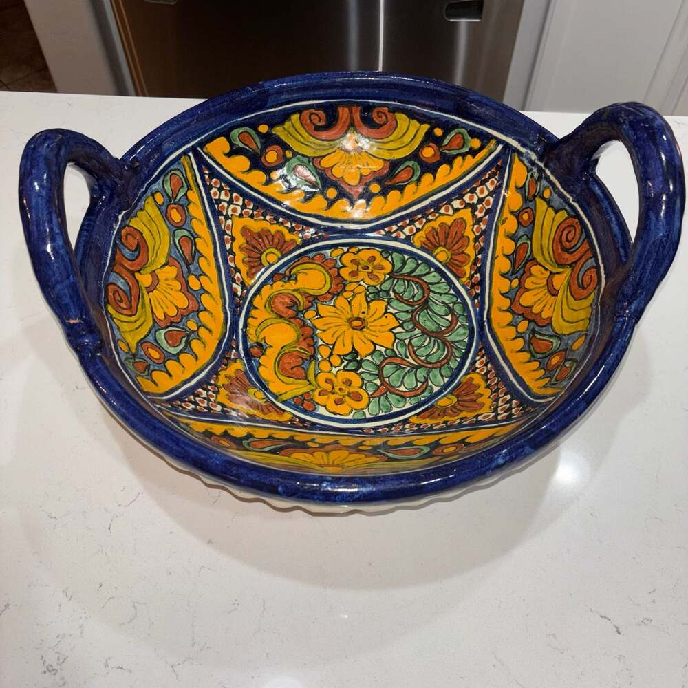 Large Hand-Painted Mexican Talavera Pottery Centerpiece/Planter Decor Bowl 16”